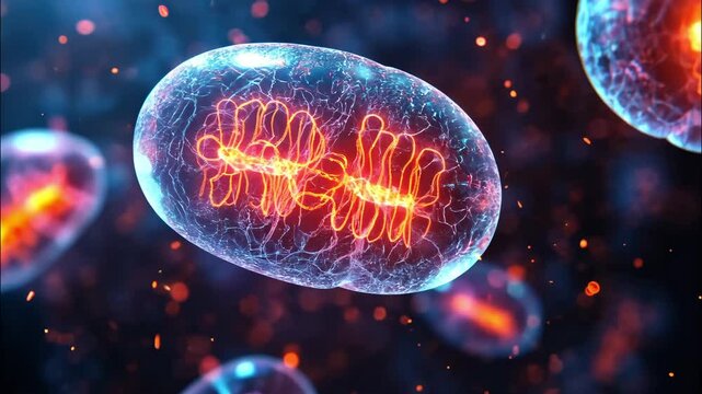 Biologically glowing mitochondria under microscope with orange inner matrix. 