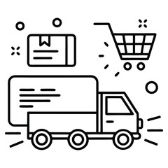 Truck with boxes and shopping cart line icon, concept sign, outline vector illustration, linear symbol.