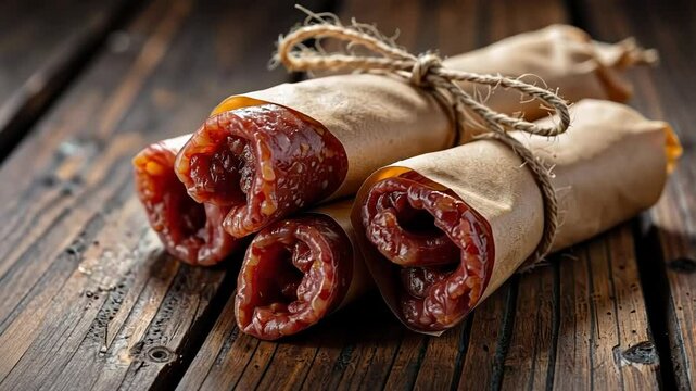 Dried meat rolls wrapped in paper and tied with twine on wooden surface  