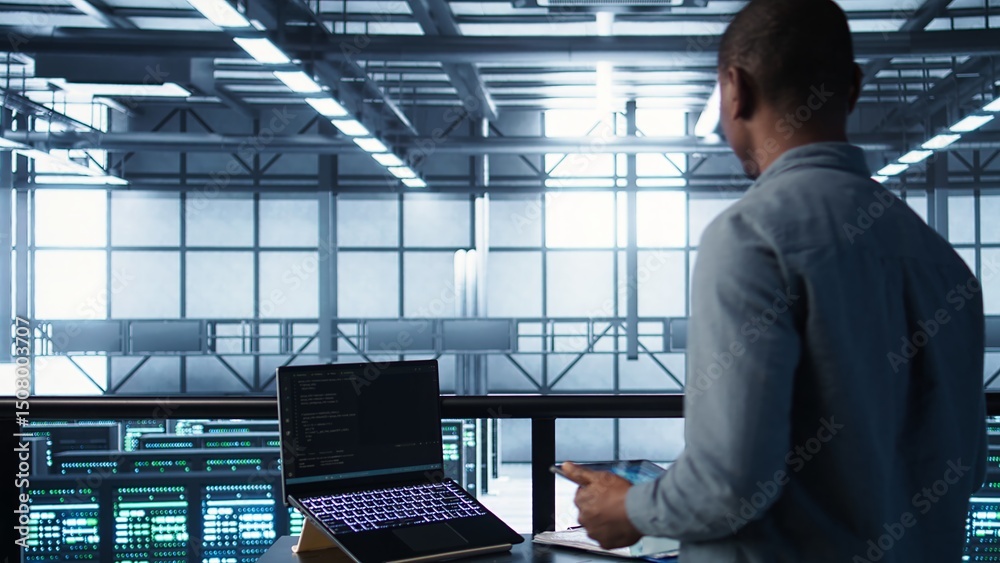 Poster technician in data center using ai on laptop and tablet, developing disaster recovery plans. server 