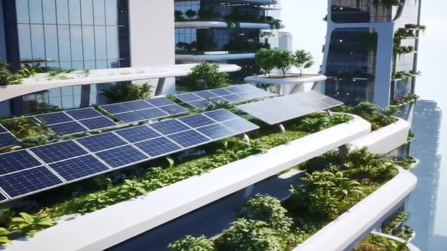A modern cityscape integrates sustainable solar panels for clean energy 