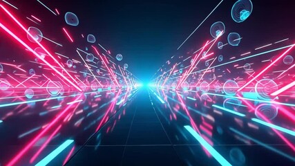 Neon tunnel with digital lines and glowing shapes - Powered by Adobe