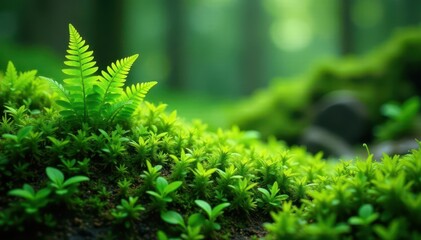 Deep green carpet of moss, delicate ferns emerge , wild, photography, environment