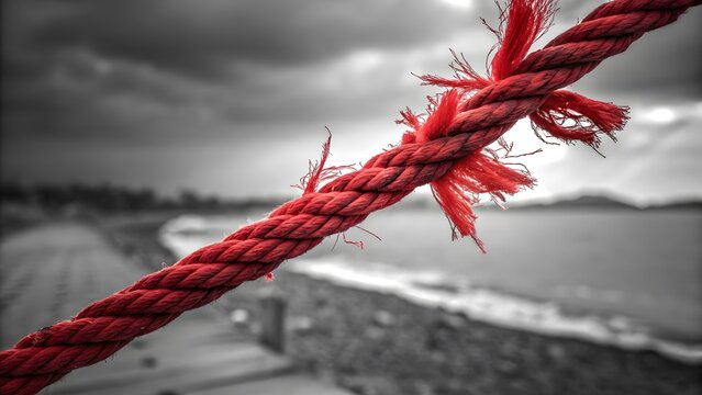 Close up of a frayed red rope on a blurred monochrome background signifying fragility and struggle.