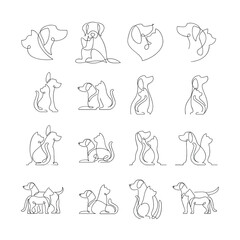Fototapeta premium Black white line art shows continuousline drawings of cats and dogs in different poses