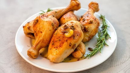 Savory golden roasted chicken legs, fragrantly seasoned with fresh rosemary and aromatic spices, beautifully presented on a crisp white plate.