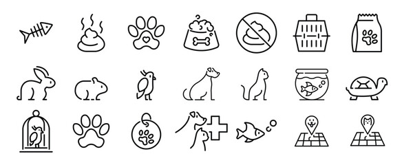 Line art icons show fishbone poop pet paw cage turtle etc arranged in 3 rows © Neko funny