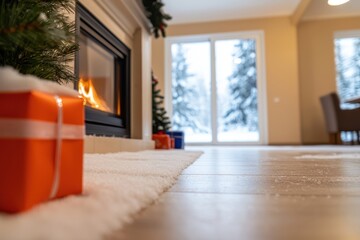 Cozy Christmas background with a colorful room and fireplace, perfect for holiday-themed designs.