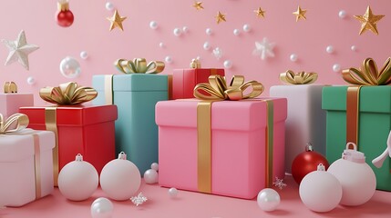 Gift boxes with gold ribbons arranged on a pink background.