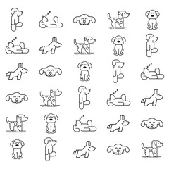 Patterned array of 2D linedrawn dog icons in various poses uniformly spaced on a white background