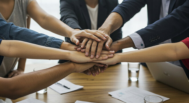Banner diversity solidarity team multiethnic Partners hands together teamwork. Group of multiracial meetings joins hands together. Panorama Diversity people hands join empower trust team solidarity, r