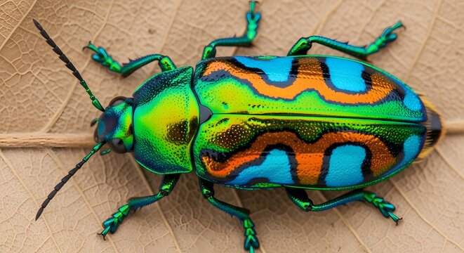 green bug on a tree.Stunning Iridescent Jewel Beetle: A Macro Shot of a Chrysochroa fulgidissima on a Leaf.