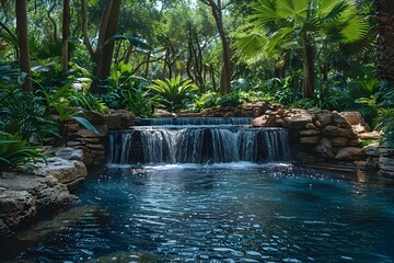 涼しげな川辺と小さな滝の写真