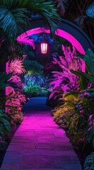 Fototapeta premium Pink-lit garden archway at night