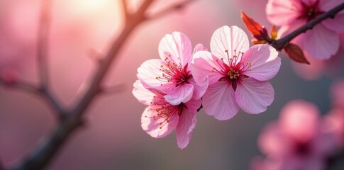 Obraz premium Newly opened cherry blossoms, crystal dew, soft morning light , close up, pastel, blooming