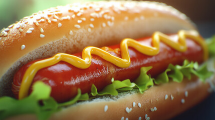 Close up of a hot dog with mustard and lettuce
