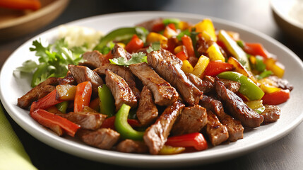 Plate of sizzling fajitas with grilled vegetables