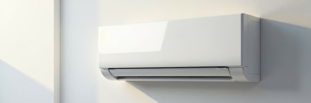 Sleek white air conditioner on wall, cool air stream , ventilation, mini split system