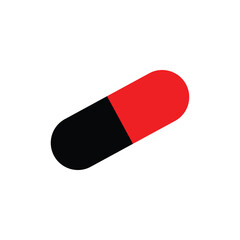 Minimalist red and black capsule pill icon isolated on white background. Ideal for representing medicine, pharmaceuticals, health care, or drug-related medical concepts in digital media.