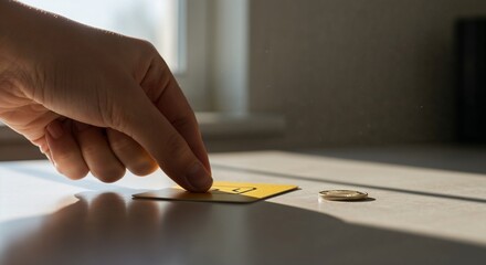Hand placing yellow card next to coin on table in sunlight  