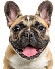 Photorealistic halfbody portrait of French Bulldog with joyful expression, showcasing its distinctive features and playful demeanor. This charming dog exudes warmth and friendliness