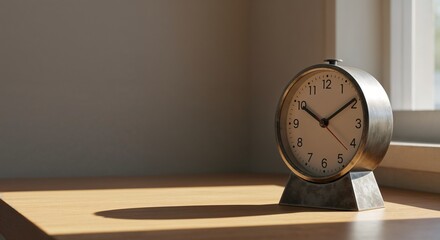 Vintage alarm clock on wooden table near window in morning light  