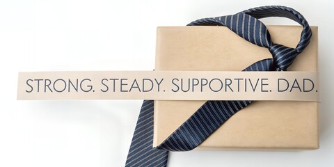 A gift box with a tie and a message that says strong steady supportive dad for father's day present