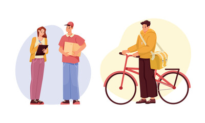 An engaging delivery interaction scene illustrating a bicyclist in a colorful urban setting