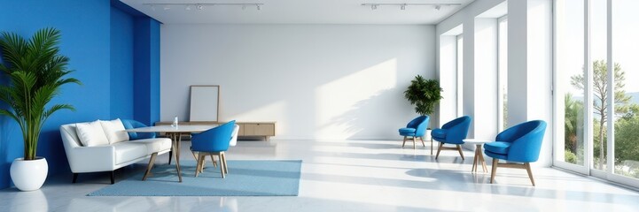 Bright white walls, blue accents, modern furniture, open layout, plants, interior