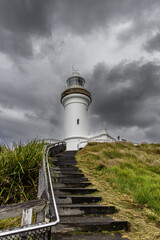 Byron Bay lighthouse on a grey and stormy day. The most powerful lighthouse in Australia and also the easternmost point of the continent.