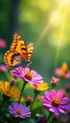 Obraz premium Colorful butterflies on lush spring flowers, sunlit garden , wildlife, flower garden, nature