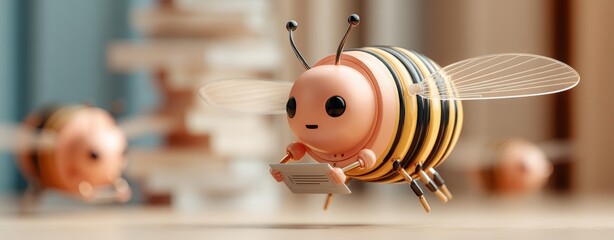 AI-powered education Cute Cartoon Robot Bee Holding Paper in Flight Over Soft Background ai kids education pastel learning character cute ai series