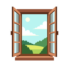 Open Window Overlooking a Sunny Landscape with Green Fields and Rolling Hills Illustration
