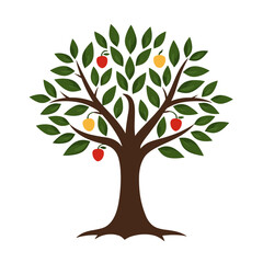 Stylized Apple Tree Illustration with Red and Yellow Fruits and Green Leaves on White Background