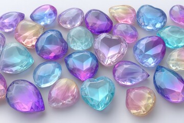 Fototapeta premium Pastel Iridescent Heart Shaped Gems on White Background