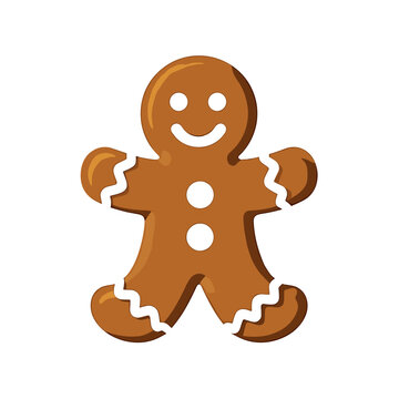 Cute Gingerbread Man Cookie Illustration with White Icing Decoration on a White Background