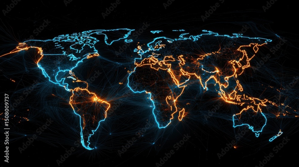 Poster a global map illuminated by a dynamic network of glowing lines representing the interconnected infra