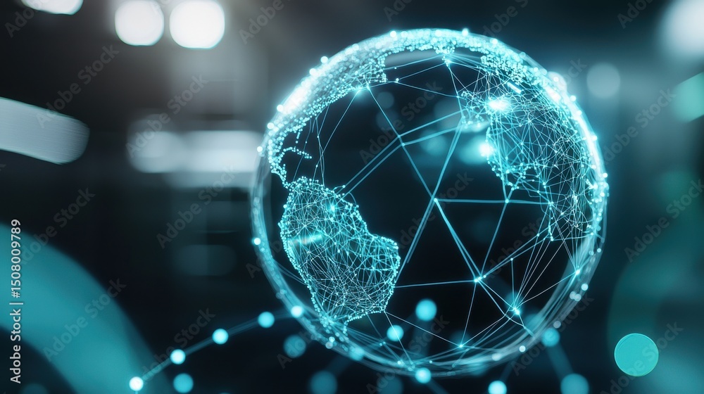 Poster a futuristic digital sphere composed of a glowing network of interconnected data nodes symbolizing g