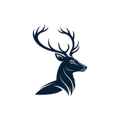 A minimalist deer iconic logo design Black and white illustration, deer head silhouette, majestic antlers, minimalist design, elegant profile, stylized wildlife art, sharp contrast, vector graphic © RazuArts