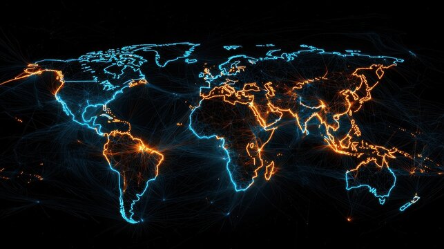A global map illuminated by a dynamic network of glowing lines representing the interconnected infrastructure and communication systems that power the modern world
