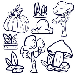 Doodle element mystical collection with magic mushrooms, floral elements. Celestial fungi set for coloring page or design element poster.