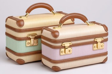 Pastel Mini Suitcases with Brown Leather Handles on Gray Background