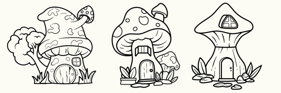Doodle lineart Cartoon fantasy houses for fairies garden gnome houses, cute fairy tale dwarfs house. for coloring pages and tshirt kids element.
