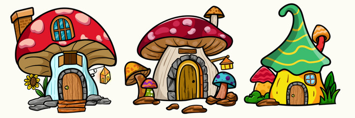 Cartoon fantasy houses for fairies garden gnome houses, cute fairytale dwarfs house. Fantasy forest elves buildings in shape of mushroom for coloring pages and tshirt kids element.
