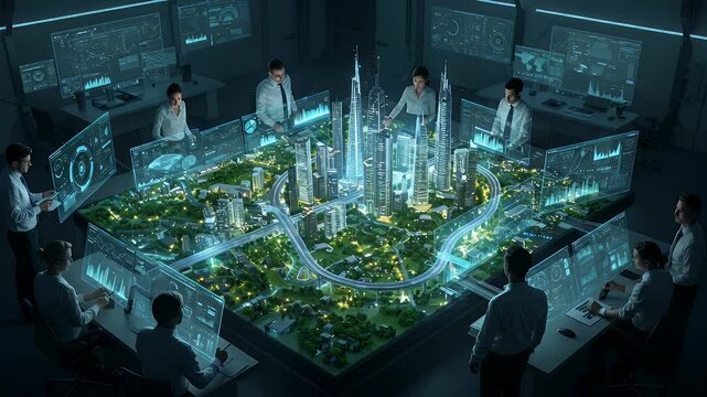 City planning team interacts with holographic city model