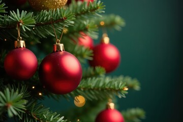 Lustrous red & gold baubles adorn lush, festive Christmas tree branches , shiny, branches