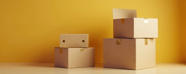 Obraz premium Stack of sealed moving boxes, brown cardboard, household, shipment, belongings
