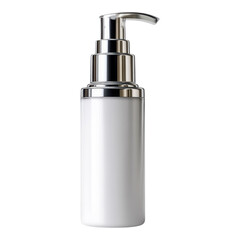 Obraz premium White cosmetic bottle with silver pump for sunscreen protection and uv barrier care on white background