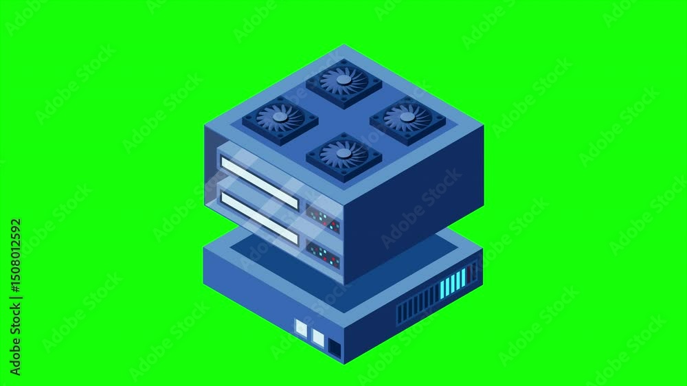 Poster Isometric futuristic server animation. Isometric database or data center. Abstract blockchain. Computer storage. Cloud storage. 4K video animated in isometric style
