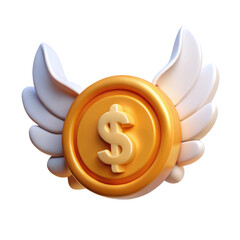 Flying Gold Dollar Coin with white Wings 3d icon in cartoon plastic style minimal isolated on transparent white background, clipping path